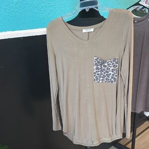 Zenana Outfitters Khaki Long Sleeve with Leopard Accent